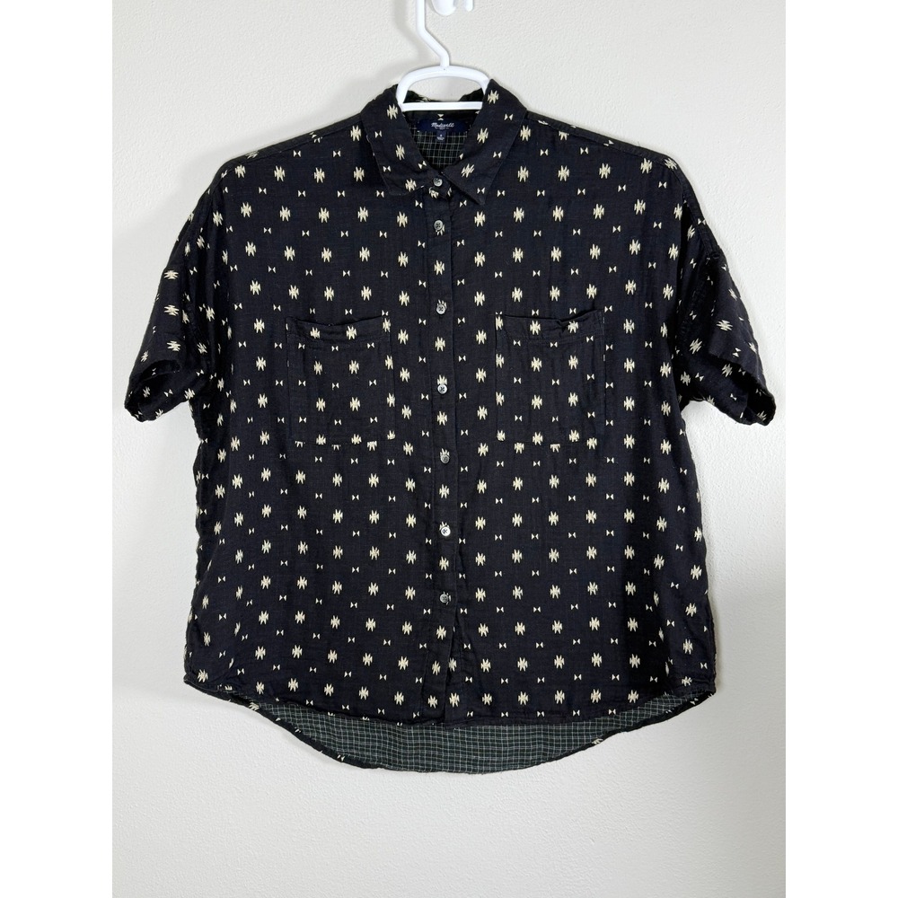 Madewell Button Down Camp Shirt Men Small Black Geometric Short Sleeve Boho